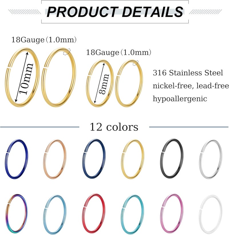 NICEIGHT 18G 20G 22G Stainless Steel Nose Rings Hoops for Women Men Cartilage Helix Earring Hoops Lip Rings Nose Piercing Jewelry - Image 4